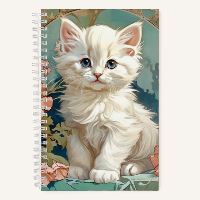 Alphonse Mucha Style White Cat Notebook (Front)