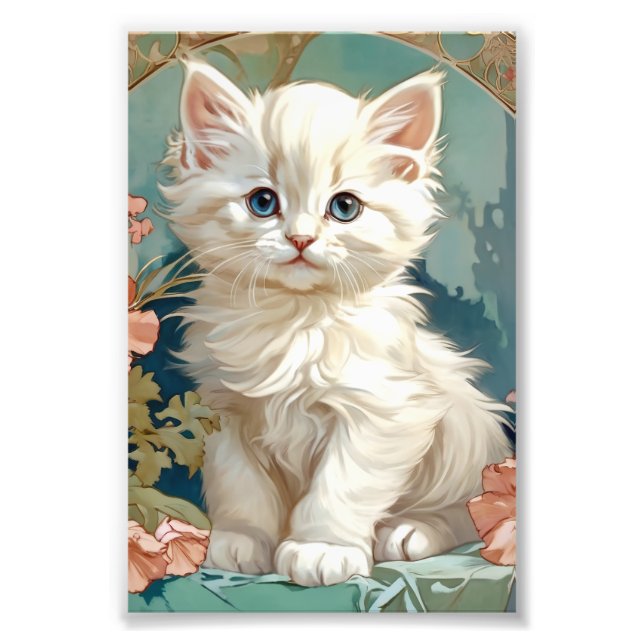 Alphonse Mucha Style White Cat Photo Print (Front)