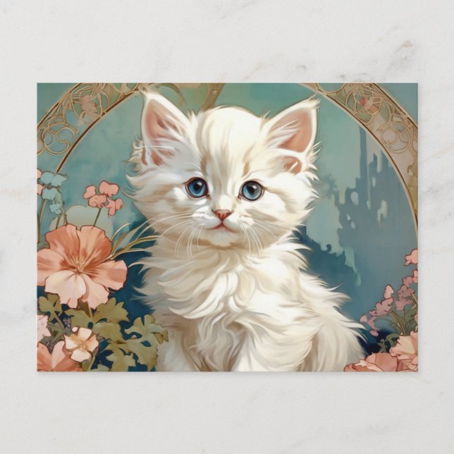 Alphonse Mucha Style White Cat Postcard (Front)