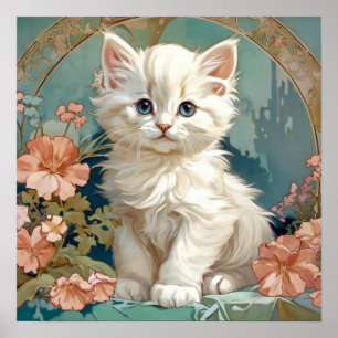 Alphonse Mucha Style White Cat Poster