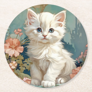 Alphonse Mucha Style White Cat Round Paper Coaster