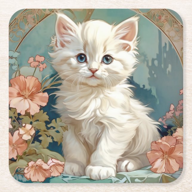 Alphonse Mucha Style White Cat Square Paper Coaster (Front)
