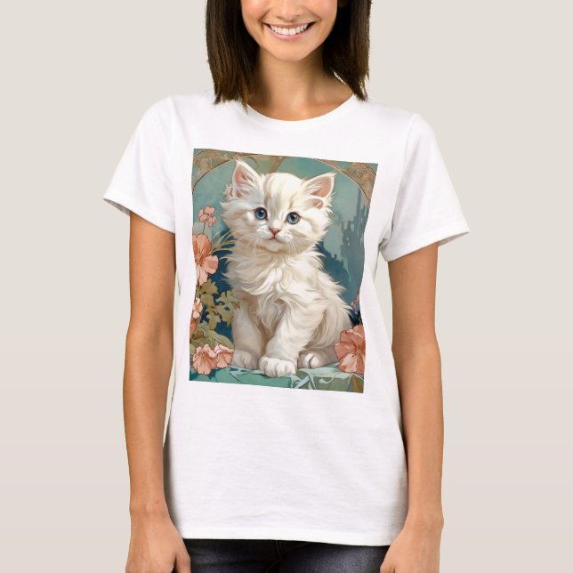 Alphonse Mucha Style White Cat T-Shirt (Front)
