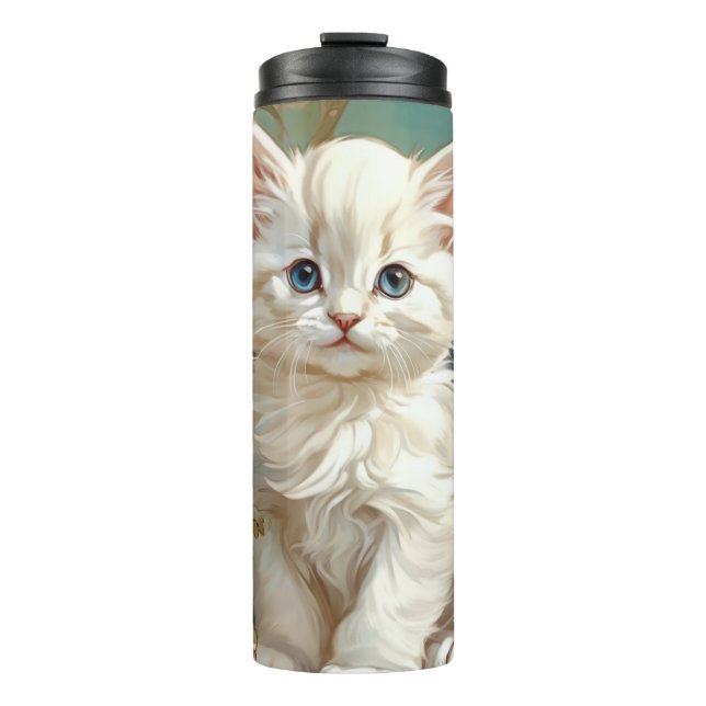 Alphonse Mucha Style White Cat Thermal Tumbler (Front)