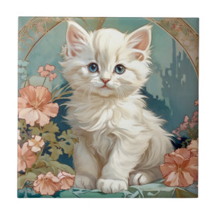 Alphonse Mucha Style White Cat Tile