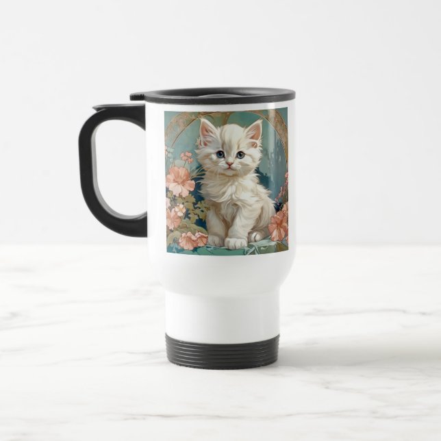 Alphonse Mucha Style White Cat Travel Mug (Left)