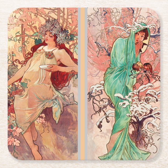 Alphonse Mucha, The Four Seasons (1896)  Square Paper Coaster (Front)