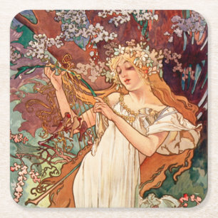 Alphonse Mucha, The Seasons (1896) Spring Square Paper Coaster