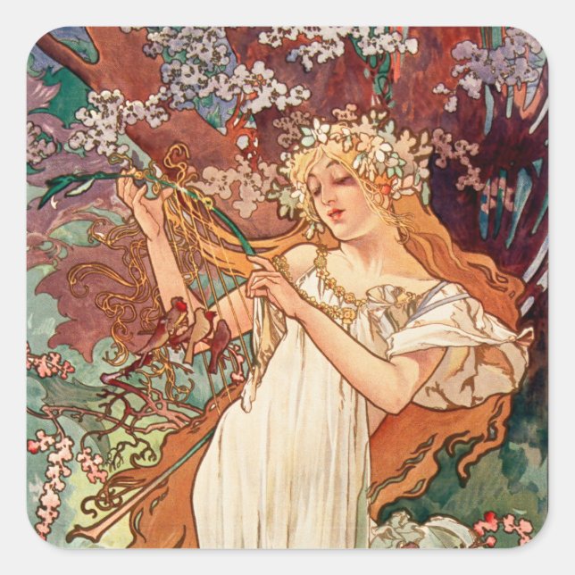 Alphonse Mucha, The Seasons (1896) Spring Square Sticker (Front)