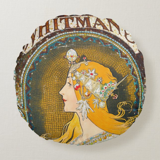 Alphonse Mucha Vintage Whitman's Ad Round Cushion (Front)