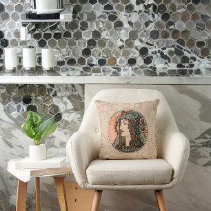 Alphonse Mucha Vintage Woman with Green Headdress Cushion