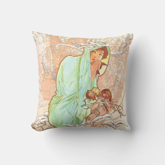 Alphonse Mucha Winter Vintage Art Nouveau Painting Cushion (Front)