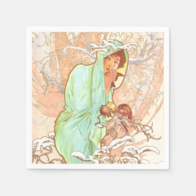 Alphonse Mucha Winter Vintage Art Nouveau Painting Napkin (Front)