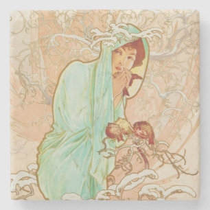 Alphonse Mucha Winter Vintage Art Nouveau Painting Stone Coaster