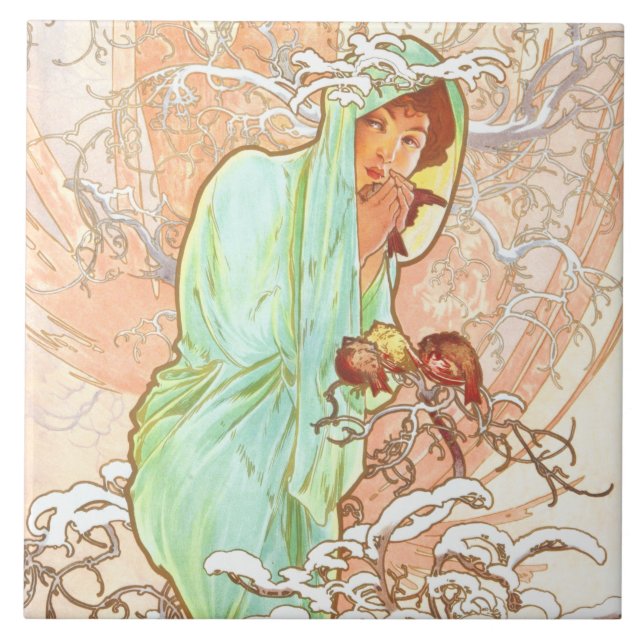 Alphonse Mucha Winter Vintage Art Nouveau Painting Tile (Front)