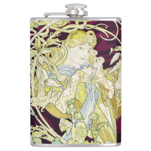 Alphonse Mucha Woman with Daisy Art Nouveau Art Hip Flask