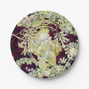 Alphonse Mucha Woman with Daisy Art Nouveau Art Paper Plate