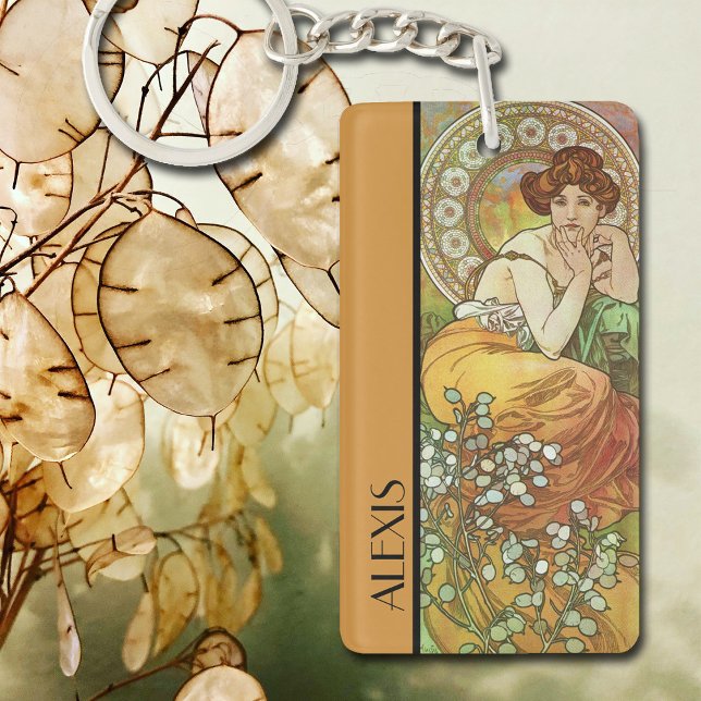 Alphonse Mucha's Precious Stones Topaz Key Ring (Art Nouveau illustration by Alphonse Mucha.  Small enough to carry in your pocket.  Great gift idea.)