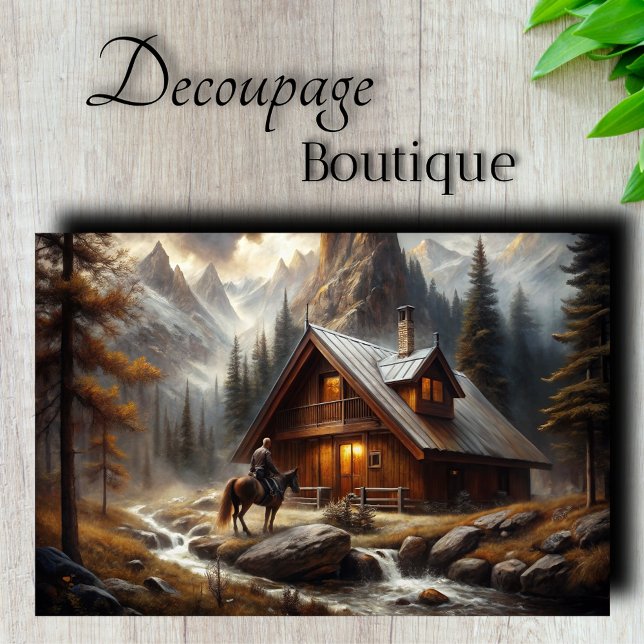 Alpine Cabin Horseback Snowy Scene Decoupage Tissue Paper (Alpine Retreat Decoupage Tissue Paper)