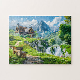 Alpine Cottage by Mountain Waterfall Jigsaw Puzzle