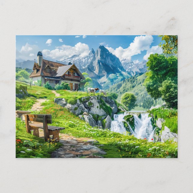 Alpine Cottage by Mountain Waterfall Postcard (Front)