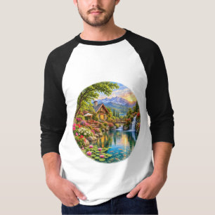 Alpine Cottage Garden Mountain Lake Sunrise T-Shirt