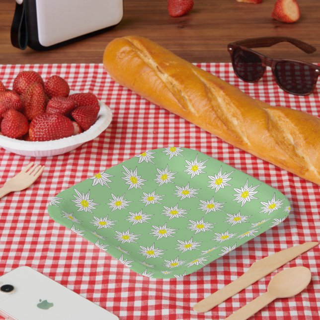 Alpine Flower Motif Light Green Square Paper Plate (Picnic)