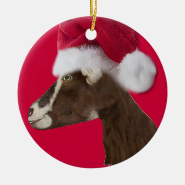 Alpine Goat Santa Hat Christmas Ornament (Front)
