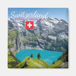 Alpine lake Oeschinensee in Switzerland with flag Magnet