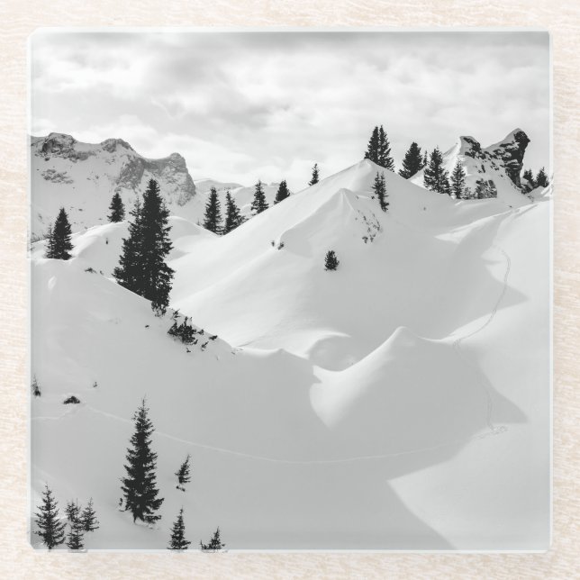 Alpine Landscape: Snowy Fir Trees Mountains Glass Coaster (Front)