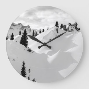 Alpine Landscape: Snowy Fir Trees Mountains Large Clock