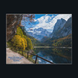 Alpine Mountain Lake Gosauseen Lake Austria   Postcard<br><div class="desc">Alpine Mountain Lake Gosauseen Lake Austria - with beautiful reflection of colourful vegetation and the Dachstein Mountains that encircle it.</div>