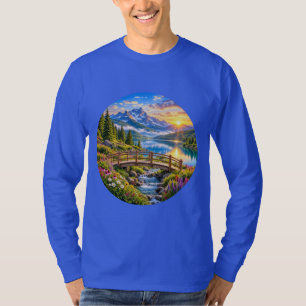Alpine Mountain Lake Wooden Bridge Sunrise T-Shirt
