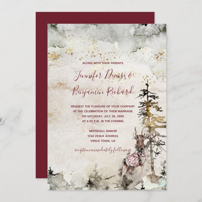Alpine Mountain Woodland Stag Burgundy Wedding | Invitation (Front/Back)