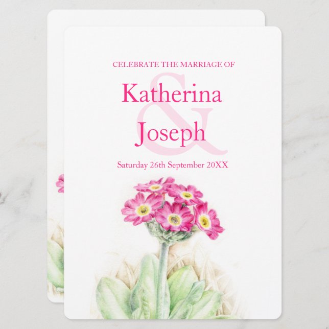 Alpine primrose watercolor pink vertical wedding invitation (Front/Back)