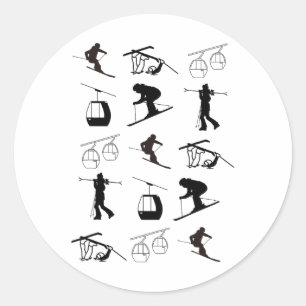 Alpine Ski, Downhill Skier Motif Grid Classic Round Sticker