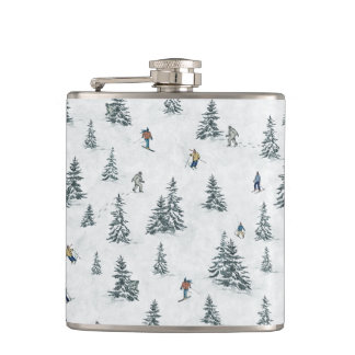 Alpine Skiers and Hidden Yetis - Downhill Skiing Hip Flask