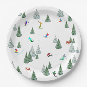 Alpine Skiers Downhill Skiing Illustration Paper Plate
