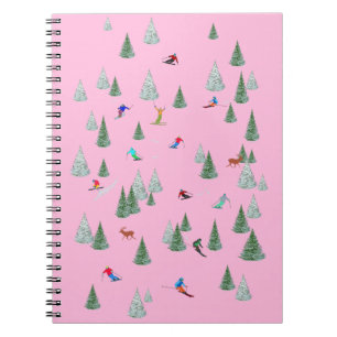Alpine Skiers Downhill Skiing Illustration Pink Notebook