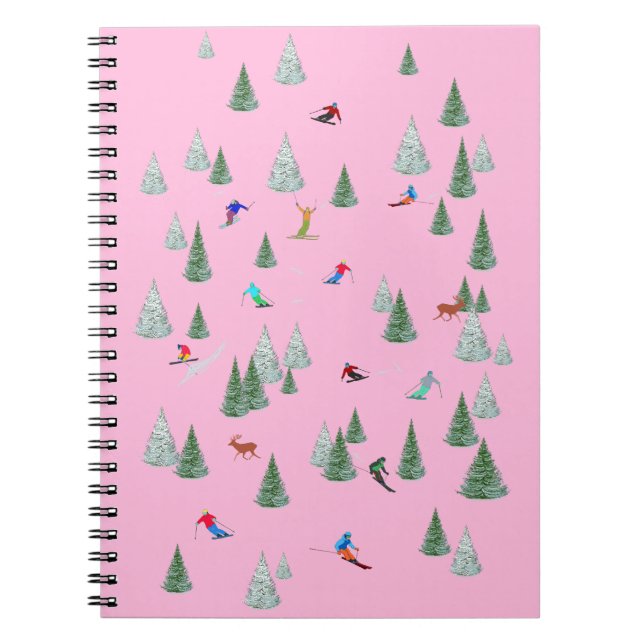 Alpine Skiers Downhill Skiing Illustration Pink Notebook (Front)