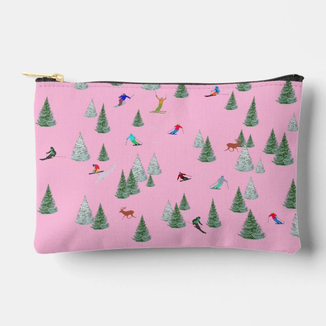 Alpine Skiers Downhill Skiing Pastel Pink Accessory Pouch (Front)