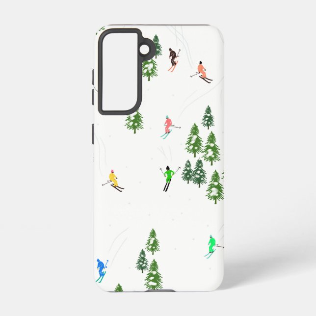Alpine Skiers Skiing Illustration   Samsung Galaxy S21 Case (Back)