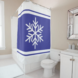 Alpine Snowflake Deep Blue White Winter Stripes Shower Curtain