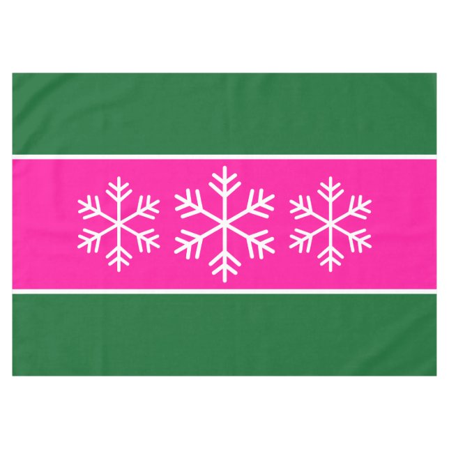 Alpine Snowflakes Bright Pink Forest Green Stripes Tablecloth (Front (Horizontal))