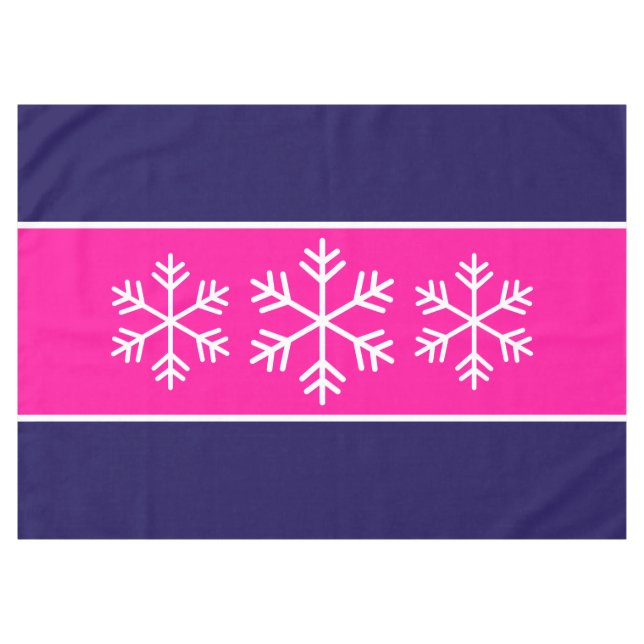Alpine Snowflakes Bright Pink Navy Blue Stripes Tablecloth (Front (Horizontal))