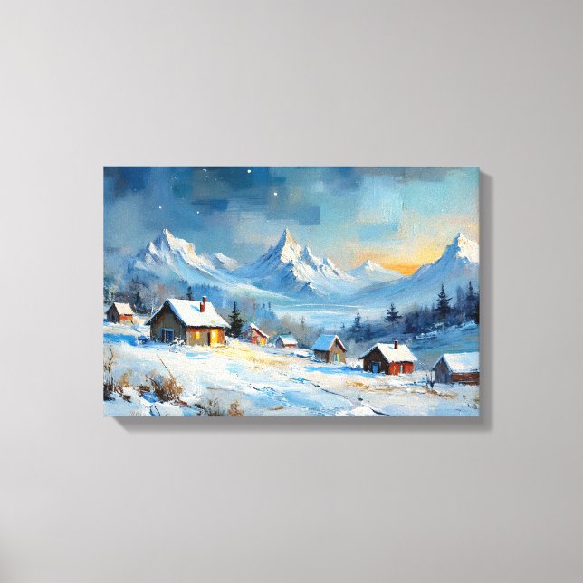 Alpine Winter Village Under Starlit Sky Canvas Print (Front)