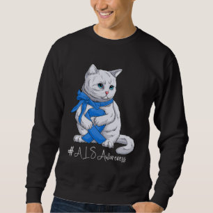 ALS Awareness Month Blue Ribbon Cat Sweatshirt