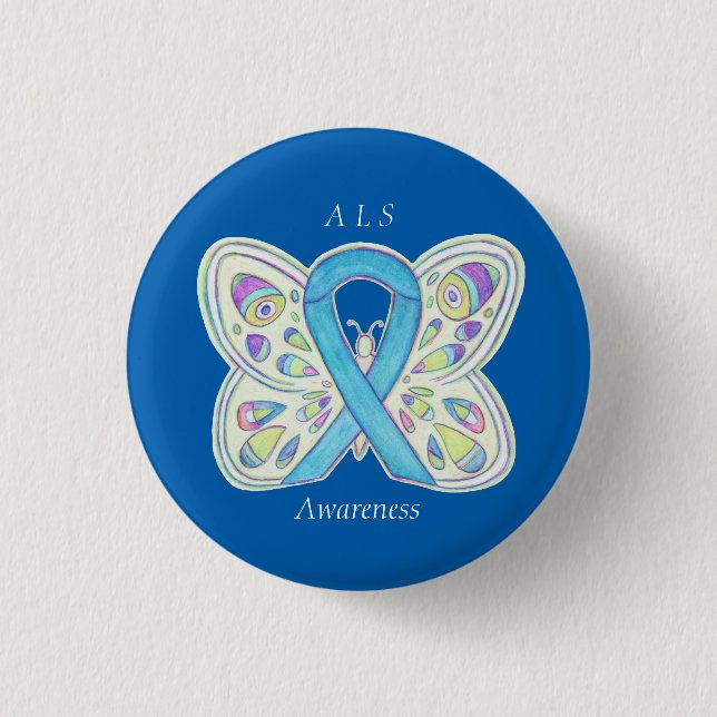 ALS Blue Butterfly Awareness Ribbon Custom Art Pin (Front)