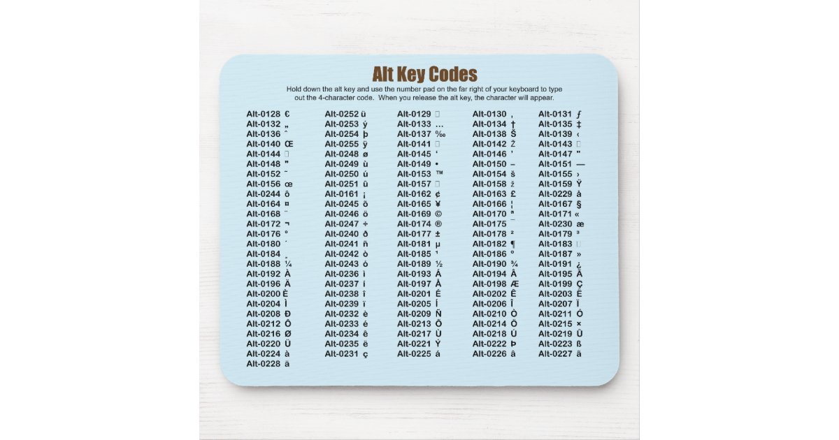 Alt Key Codes Mousepad Zazzle Co Nz