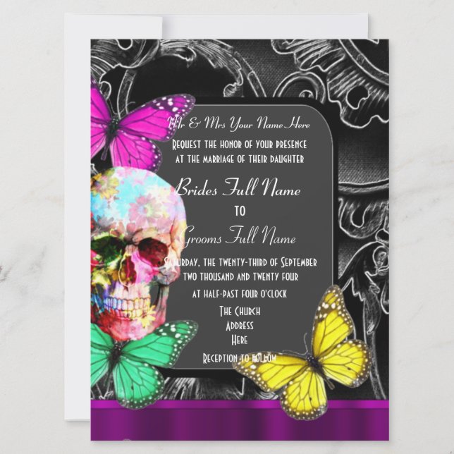 Alternative gothic sugar skull wedding invitation (Front)